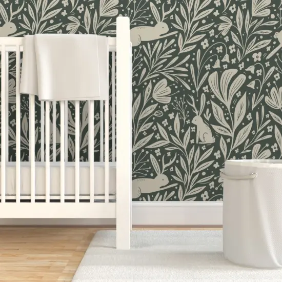 Pre-Pasted Wallpaper 2FT Wide Woodland Whimsical Folk Rabbits Botanical Magical Fairytale Folklore Custom Pre-pasted Wallpaper by Spoonflower {7}