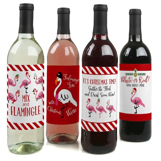 Big Dot of Happiness Flamingle Bells - Tropical Flamingo Christmas Decorations for Women and Men - Wine Bottle Label Stickers - Set of 4 {1}