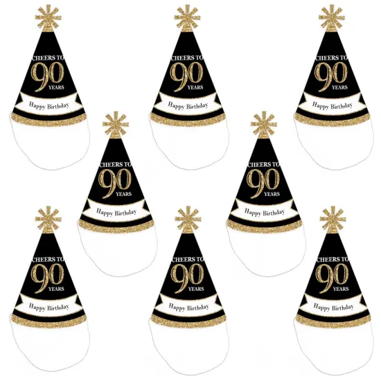 Big Dot of Happiness Adult 90th Birthday - Gold - Cone Birthday Party Hats for Adults - Set of 8 (Standard Size) {7}