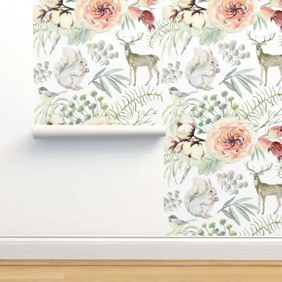 Peel & Stick Wallpaper 2FT Wide Winter Woodland White Floral Elegant Deer Forest Rabbit Snow Custom Removable Wallpaper by Spoonflower {2}