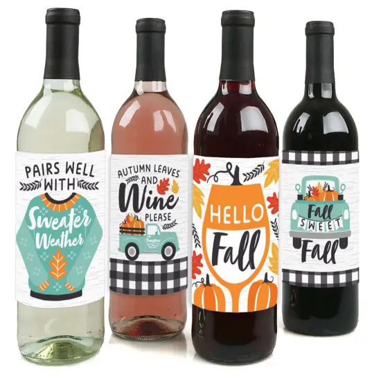 Big Dot of Happiness Happy Fall Truck - Harvest Pumpkin Party Decorations for Women and Men - Wine Bottle Label Stickers - Set of 4 {1}