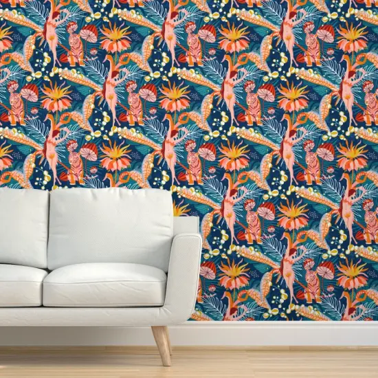 Pre-Pasted Wallpaper 2FT Wide Maximalist Tropical Surrealism Jungle Flowers Woman Dancer Coral Tiger Custom Pre-pasted Wallpaper by Spoonflower {5}