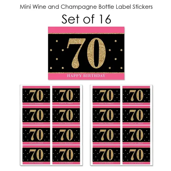 Big Dot of Happiness Chic 70th Birthday - Pink, Black and Gold - Mini Wine and Champagne Bottle Label Stickers - Birthday Party Favor Gift - Set of 16 {7}