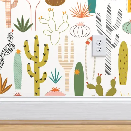 Pre-Pasted Wallpaper 2FT Wide Mod Desert Cactus Garden Succulent Midcentury Modern Botanical Nature Custom Pre-pasted Wallpaper by Spoonflower {4}