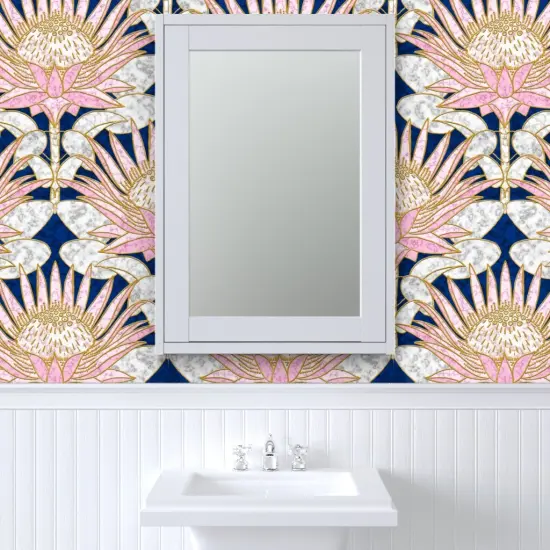 Peel & Stick Wallpaper 2FT Wide Blush Deco Floral Art Large Scale Marble Pink Flower Gold And Lotus William Morris Custom Removable Wallpaper by Spoonflower {6}