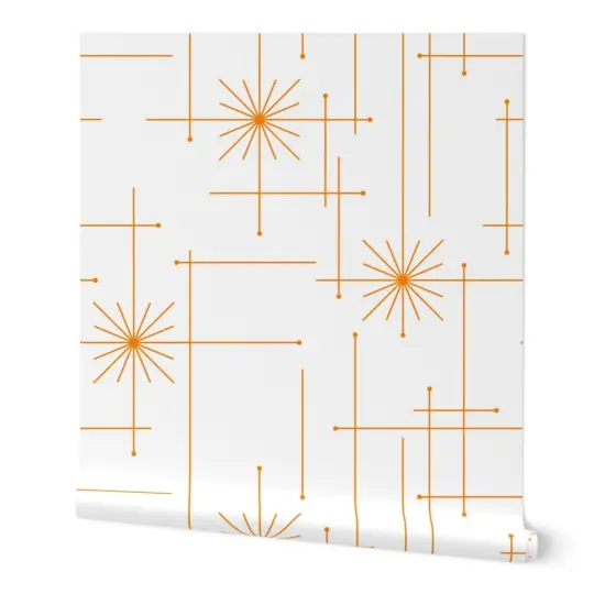 Peel & Stick Wallpaper 2FT Wide Mid Century Atomic Starbursts White Orange Stars Abstract Modern Bold Sun Custom Removable Wallpaper by Spoonflower {7}