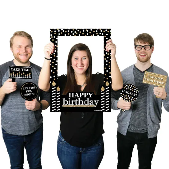 Big Dot of Happiness Adult Happy Birthday - Gold - Birthday Party Selfie Photo Booth Picture Frame & Props - Printed on Sturdy Material {1}