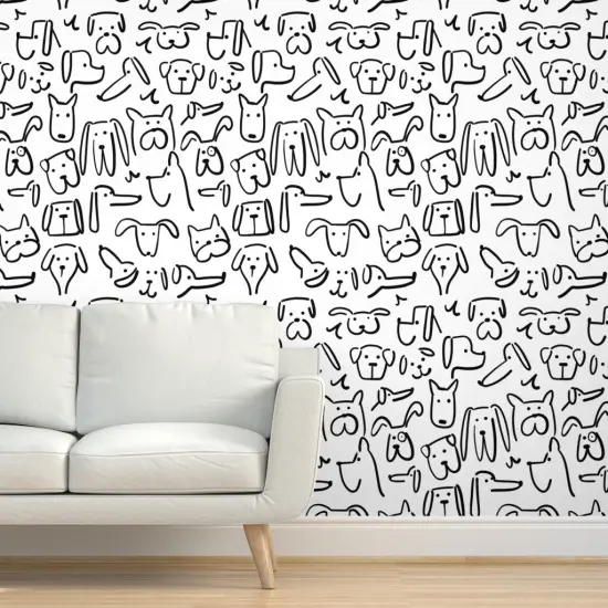 Pre-Pasted Wallpaper 2FT Wide Doodle Dogs Black And White Cute Modern Whimsical Dog Custom Pre-pasted Wallpaper by Spoonflower {5}