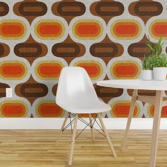 Pre-Pasted Wallpaper 2FT Wide Retro Orange Geometric Ogee Midcentury Faux Texture Jumbo Scale Custom Pre-pasted Wallpaper by Spoonflower {1}