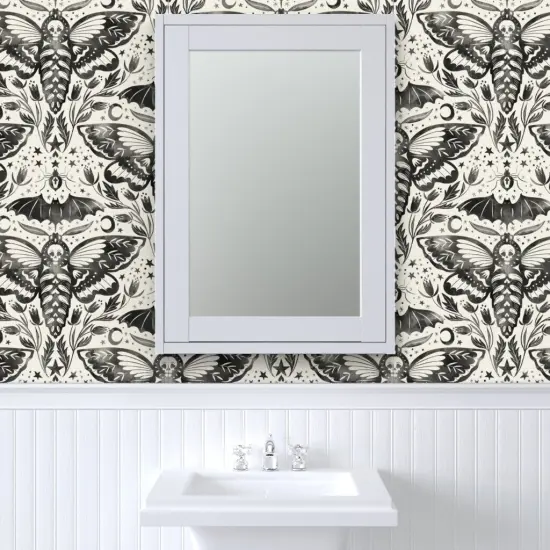 Pre-Pasted Wallpaper 2FT Wide Black And White Moth Bat Flower Stars Ink Watercolor Moon Ghosts October Gothic Halloween Custom Pre-pasted Wallpaper by Spoonflower {6}