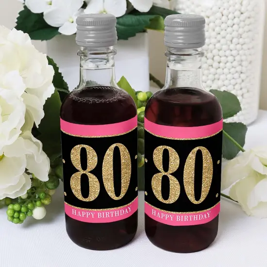 Big Dot of Happiness Chic 80th Birthday - Pink, Black and Gold - Mini Wine and Champagne Bottle Label Stickers - Birthday Party Favor Gift - Set of 16 {6}