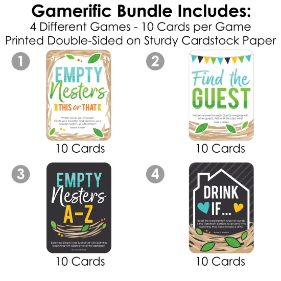 Big Dot of Happiness Empty Nesters - 4 Empty Nest Party Games - 10 Cards Each - Gamerific Bundle {4}
