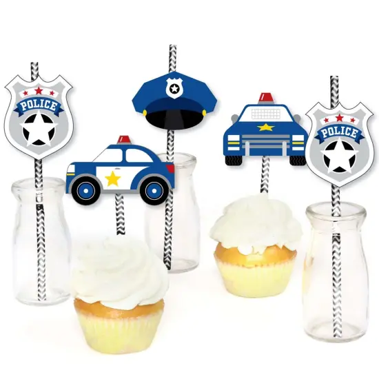 Big Dot of Happiness Calling All Units - Police - Paper Straw Decor - Cop Birthday Party or Baby Shower Striped Decorative Straws - Set of 24 {6}