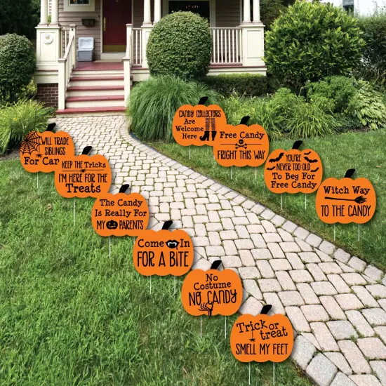 Big Dot of Happiness Funny Trick or Treat? - Pumpkin Lawn Decoration Signs - Outdoor Halloween Yard Decorations - 10 Piece {1}