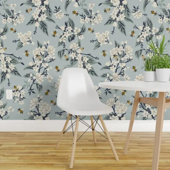 Peel & Stick Wallpaper 2FT Wide Vintage Inspired Modern Farmhouse Painted Honeybee White Floral Botanical Pastel Blue Custom Removable Wallpaper by Spoonflower {1}