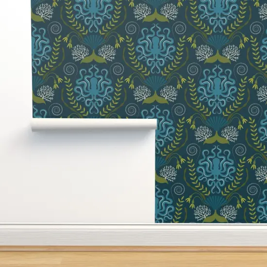 Pre-Pasted Wallpaper 2FT Wide Nautical Damask Victorian Style Botanical Blue Octopus Ocean Life Custom Pre-pasted Wallpaper by Spoonflower {2}
