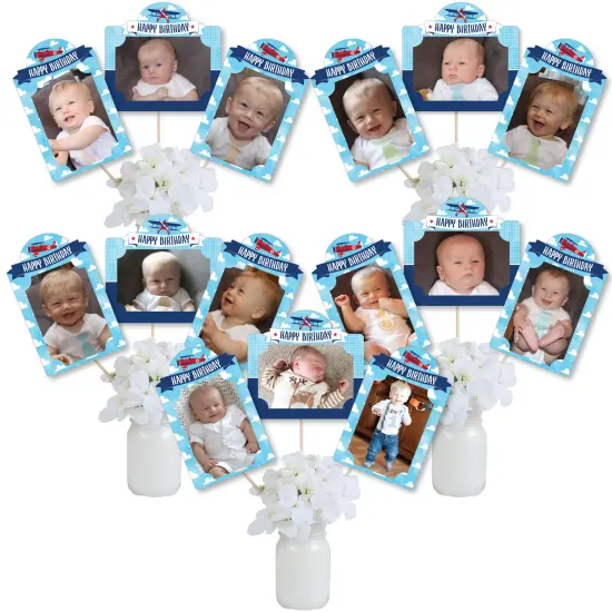 Big Dot of Happiness Taking Flight - Airplane - Vintage Plane Birthday Party Picture Centerpiece Sticks - Photo Table Toppers - 15 Pieces {1}