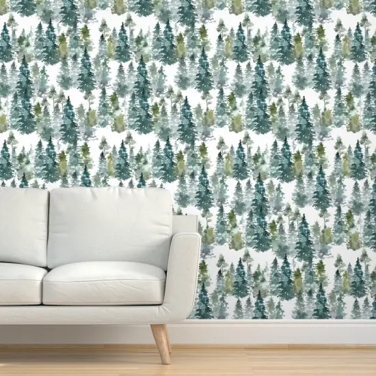 Pre-Pasted Wallpaper 2FT Wide Woodland Pine Trees White Winter Christmas Snowy Watercolor Green Holiday Forest Custom Pre-pasted Wallpaper by Spoonflower {5}