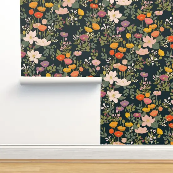 Pre-Pasted Wallpaper 2FT Wide Maximalist Floral Colourful Poppies Romantic Garden Poppy Botanical Chinoiserie Custom Pre-pasted Wallpaper by Spoonflower {2}