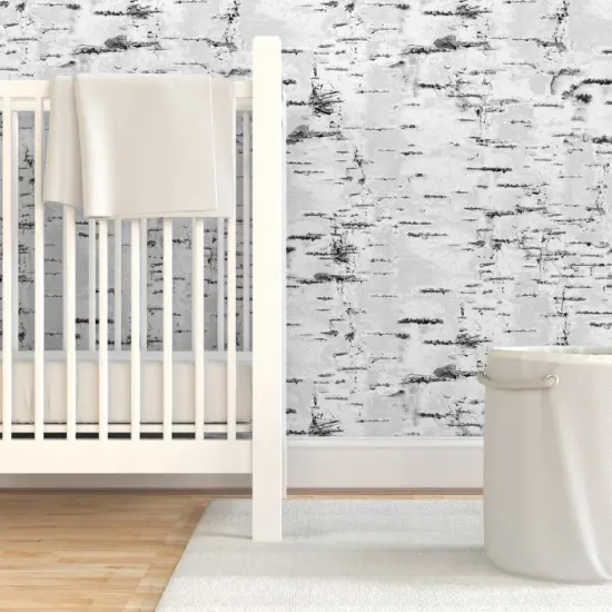 Pre-Pasted Wallpaper 2FT Wide Woodland Birch Trees White Gray Neutral Birch Textured Look Bark Aspen Custom Pre-pasted Wallpaper by Spoonflower {7}