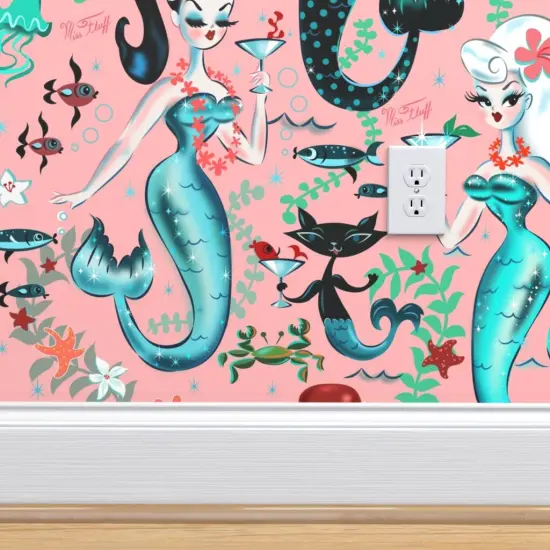 Peel & Stick Wallpaper 2FT Wide Martini Mermaids Coral Vintage Mermaid Retro Nautical Mid Century Ocean Princess Custom Removable Wallpaper by Spoonflower {4}