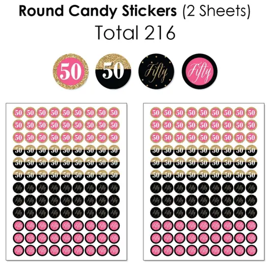 Big Dot of Happiness Chic 50th Birthday - Pink, Black and Gold - Birthday Party Candy Favor Sticker Kit - 304 Pieces {6}