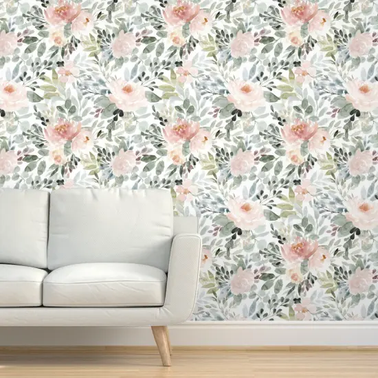 Pre-Pasted Wallpaper 2FT Wide Soft Floral Watercolor Roses Sage Green Blush Baby Girl Nursery Wedding Flowers Botanical Custom Pre-pasted Wallpaper by Spoonflower 10114394 {5}