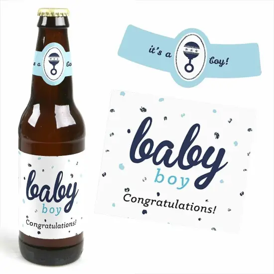 Big Dot of Happiness Hello Little One - Blue and Silver - Boy Baby Shower Decorations for Women and Men - 6 Beer Bottle Label Stickers and 1 Carrier {4}
