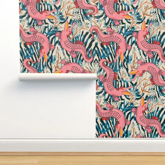 Peel & Stick Wallpaper 2FT Wide Pink Gator Bright Animal Alligator Maximalism Reptile Large Scale Tropical Floral Crocodile Custom Removable Wallpaper by Spoonflower {2}