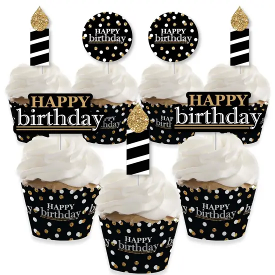Big Dot of Happiness Adult Happy Birthday - Gold - Cupcake Decoration - Birthday Party Cupcake Wrappers and Treat Picks Kit - Set of 24 {1}