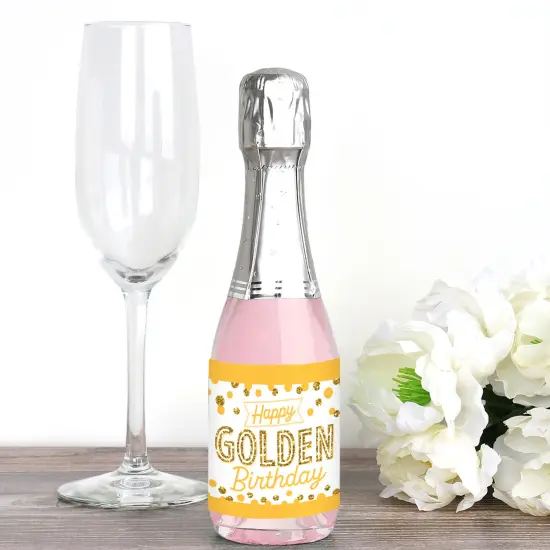 Big Dot of Happiness Golden Birthday - Mini Wine and Champagne Bottle Label Stickers - Happy Birthday Party Favor Gift for Women and Men - Set of 16 {3}