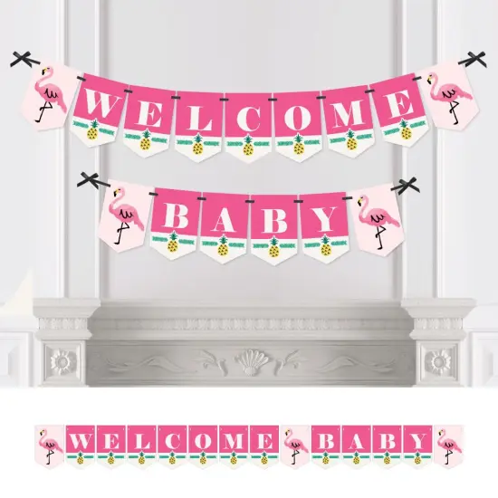 Big Dot of Happiness Pink Flamingo - Party Like a Pineapple - Tropical Summer Baby Shower Bunting Banner - Pink Party Decorations - Welcome Baby {1}