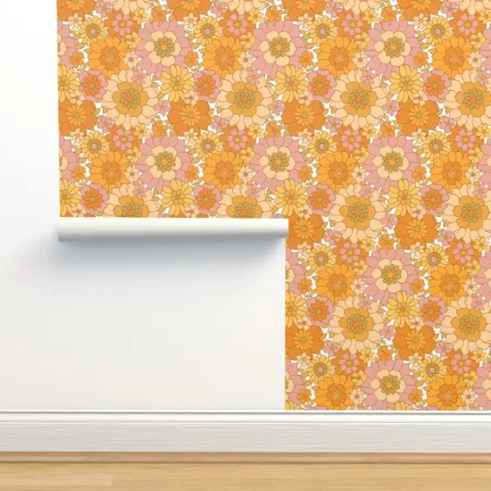 Peel & Stick Wallpaper 2FT Wide 1970S Floral Orange Retro Flowers Vintage Boho 1960S Flower Power Bright Sunny Groovy Custom Removable Wallpaper by Spoonflower {2}