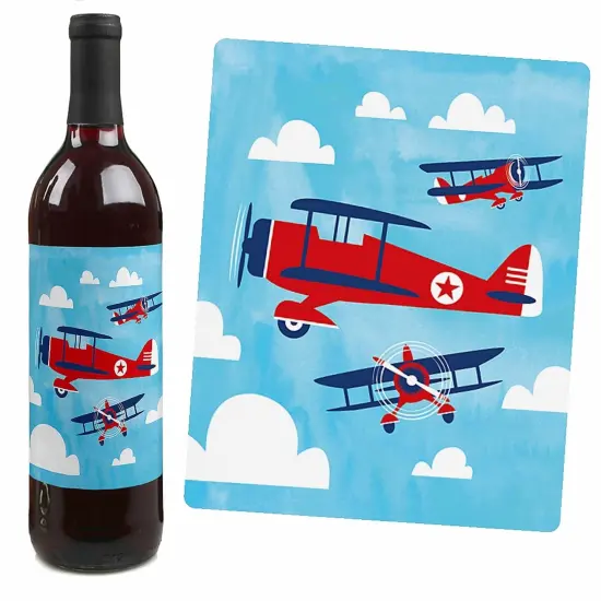 Big Dot of Happiness Taking Flight - Airplane - Vintage Plane Baby Shower or Birthday Party Decorations - Wine Bottle Label Stickers - Set of 4 {7}
