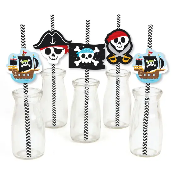 Big Dot of Happiness Pirate Ship Adventures - Paper Straw Decor - Skull Birthday Party Striped Decorative Straws - Set of 24 {1}