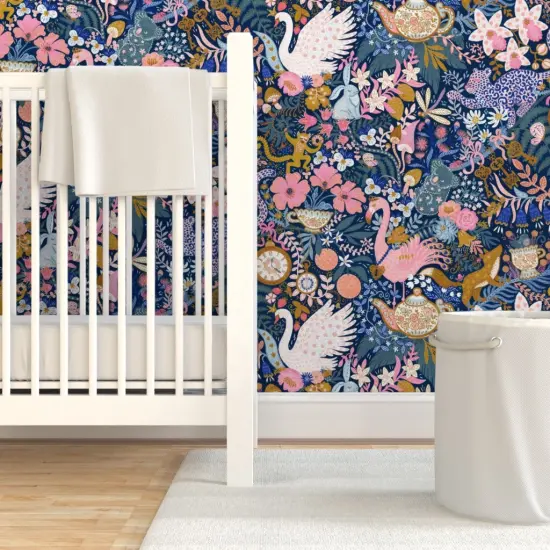 Pre-Pasted Wallpaper 2FT Wide Maximalist Tea Party Whimsical Chintz Pink Purple Mustard Swans And Flamingos Custom Pre-pasted Wallpaper by Spoonflower {7}