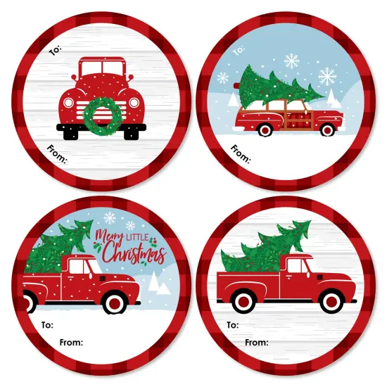 Big Dot of Happiness Merry Little Christmas Tree - Round Red Truck and Car Christmas Party To and From Gift Tags - Large Stickers - Set of 8 {7}