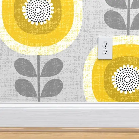 Peel & Stick Wallpaper 2FT Wide Mid Century Floral Scandi Style Faux Woven Texture Gray Yellow Sunflowers Custom Removable Wallpaper by Spoonflower {4}