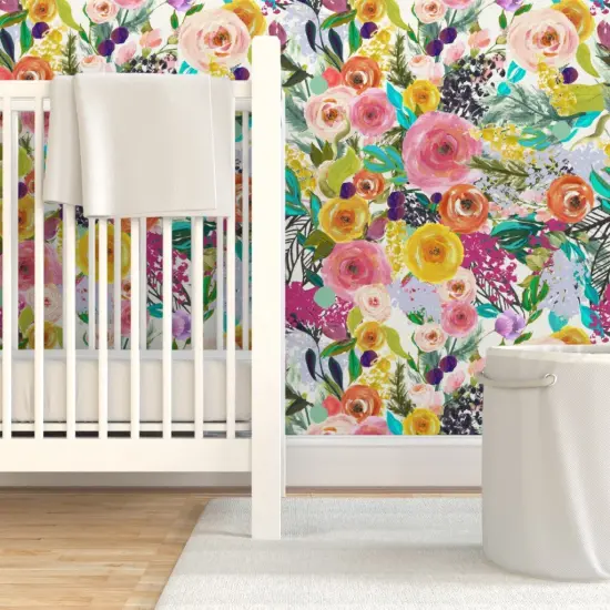 Pre-Pasted Wallpaper 2FT Wide Watercolor Floral Botanical Spring Nursery Roses Foliage Large Scale Custom Pre-pasted Wallpaper by Spoonflower {7}