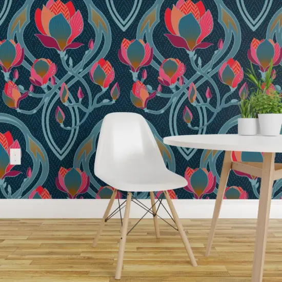Pre-Pasted Wallpaper 2FT Wide Art Nouveau Floral Magnolia Vintage Inspired Deco Pink Blue Coral Large Scale Flowers Custom Pre-pasted Wallpaper by Spoonflower {1}