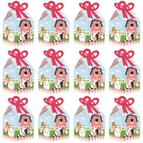 Big Dot of Happiness Girl Farm Animals - Square Favor Gift Boxes - Pink Barnyard Baby Shower or Birthday Party Bow Boxes - Set of 12 {6}