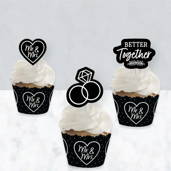 Big Dot of Happiness Mr. and Mrs. - Cupcake Decoration - Black and White Wedding or Bridal Shower Cupcake Wrappers and Treat Picks Kit - Set of 24 {4}