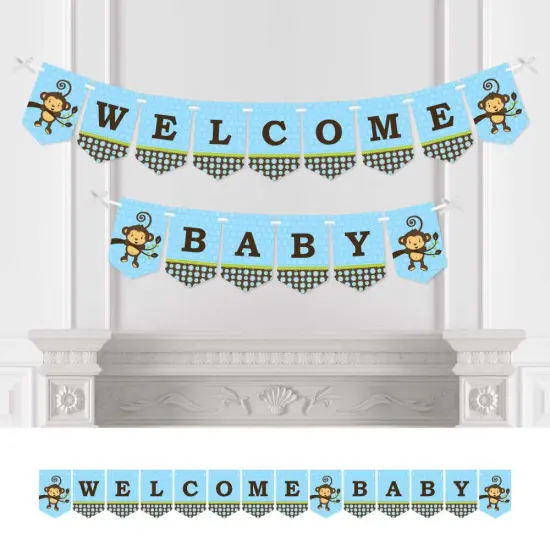Big Dot of Happiness Blue Monkey Boy - Baby Shower Bunting Banner - Blue Party Decorations - Welcome Baby {1}