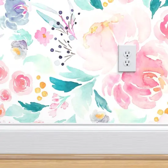 Pre-Pasted Wallpaper 2FT Wide Blooms, Mermaid Lagoon, Floral, Pink, Peach, Spring, Girls Room, Nursery Custom Pre-pasted Wallpaper by Spoonflower {4}