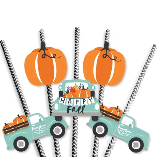 Big Dot of Happiness Happy Fall Truck - Paper Straw Decor - Harvest Pumpkin Party Striped Decorative Straws - Set of 24 {7}