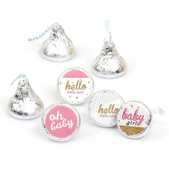 Big Dot of Happiness Hello Little One - Pink & Gold - Girl Baby Shower Party Round Candy Sticker Favors - Labels Fits Chocolate Candy (1 sheet of 108) {1}
