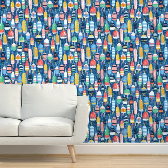 Peel & Stick Wallpaper 2FT Wide Watercolor Buoys Fishing Floats Modern Beach House Ocean Seaside Nautical Maritime Summer Vacation Custom Removable Wallpaper by Spoonflower {5}