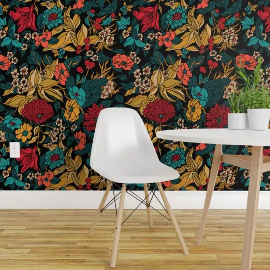 Peel & Stick Wallpaper 2FT Wide Botanical Autumn Fall Hand Drawn Vintage Floral Bright Vibrant Maximalist Custom Removable Wallpaper by Spoonflower {1}