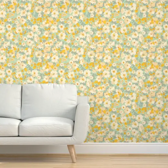 Peel & Stick Wallpaper 2FT Wide Vintage Style Floral Butter Yellow Flower Retro 1970S Custom Removable Wallpaper by Spoonflower {5}