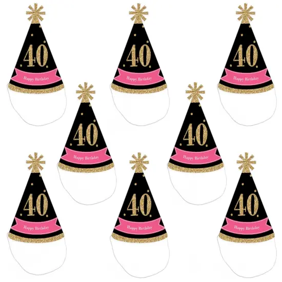 Big Dot of Happiness Chic 40th Birthday - Pink, Black and Gold - Cone Birthday Party Hats for Adults - Set of 8 (Standard Size) {7}